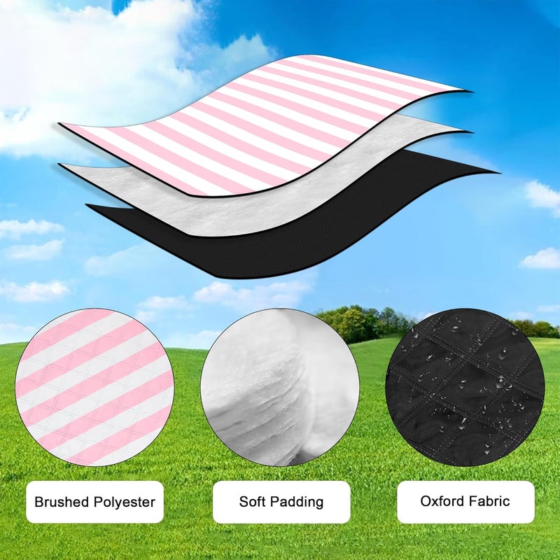 BEW Waterproof Picnic Blankets,79''x79'' Extra Large Foldable Sandproof Beach Blanket,Portable 3-Layer Polyester Outdoor Picnic Blanket for Grass Lawn,Beach,Family Camping,Park,Travel-Pink Stripe - Image 5